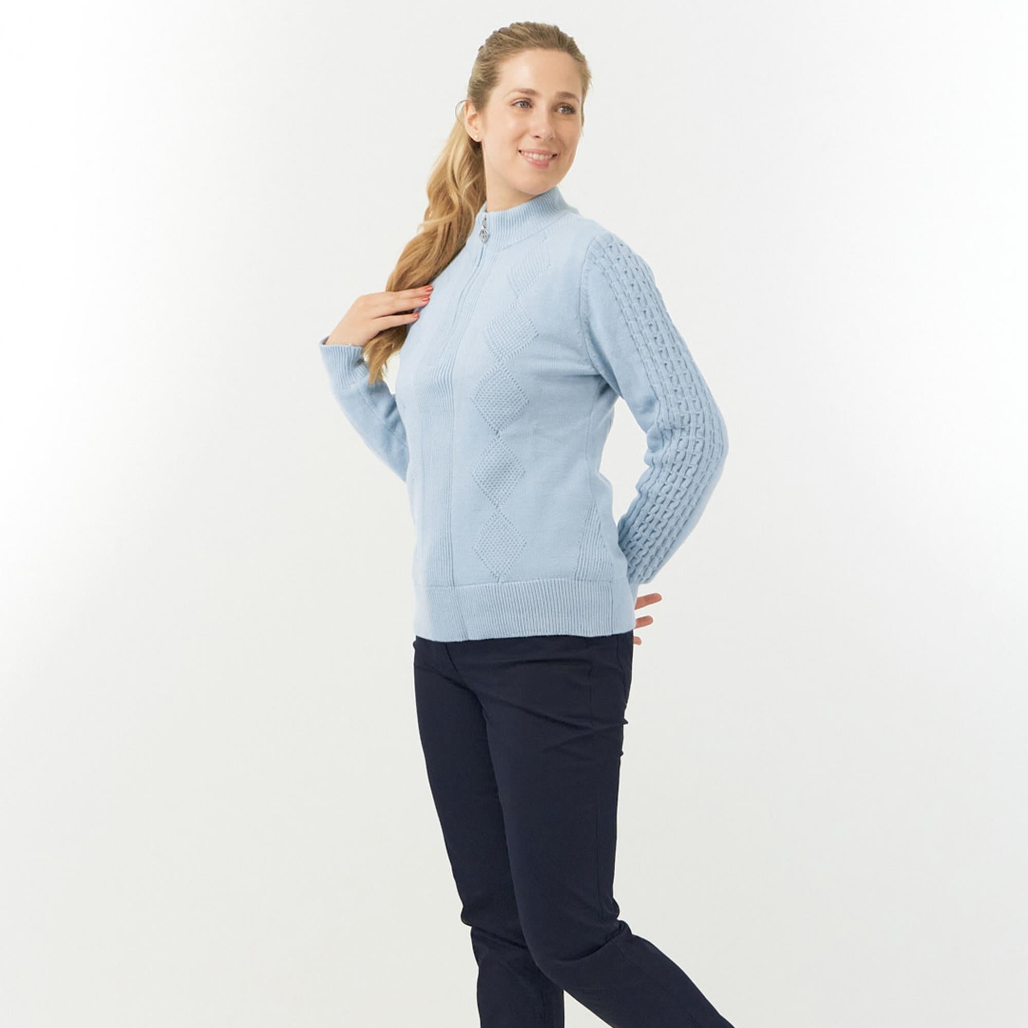 Pure Golf Sorrell Cable Knit Lined Ladies Golf Jumper Powder Blue